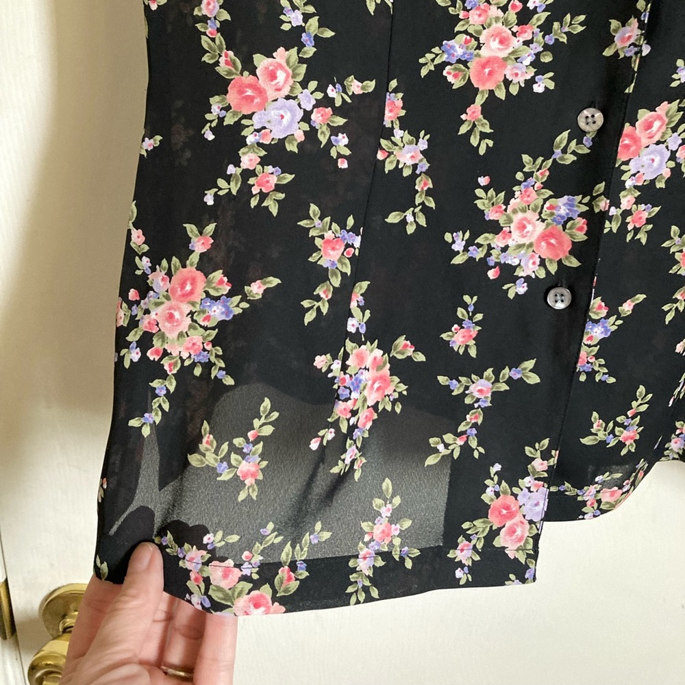 *Emma James Black Floral Button Up Semi Sheer Size 6 Short Sleeve Blouse #Gy - Picture 7 of 8